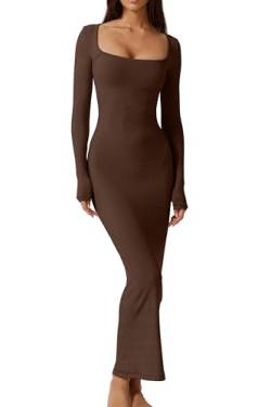 QINSEN Damen Langes Maxikleid Quadratischer Ausschnitt Langarm Gerippt Bodycon Lounge Kleider, Braun, Klein von QINSEN