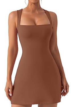 QINSEN Damen Miederkleid mit quadratischem Ausschnitt, ärmellos, Tank-Top, Stretch, ausgestellte Minikleider, Carob Brown, X-Groß von QINSEN