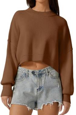 QINSEN Damen Mock Neck Cropped Sweater Langarm Drop Shouler Oversized Knit Pullover Tops, Caramel, Mittel von QINSEN