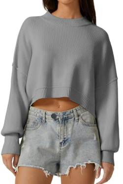 QINSEN Damen Mock Neck Cropped Sweater Langarm Drop Shouler Oversized Knit Pullover Tops, Rauchblau, Mittel von QINSEN