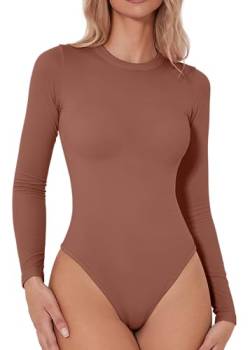 QINSEN Damen Nahtlose Langarm Bodysuit Rundhals Basic Stretch T Shirt Top, Copper Brown, M von QINSEN