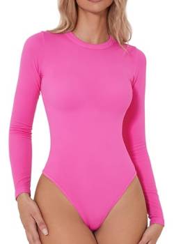 QINSEN Damen Nahtlose Langarm Bodysuit Rundhals Basic Stretch T Shirt Top, Rosa (Azalea Pink), XL von QINSEN