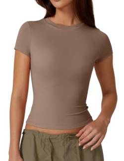 QINSEN Damen Rundhals Kurzarm Doppellagige Tops Basic Slim Fit Ausgehen T-Shirt, Kaffee, Mittel von QINSEN