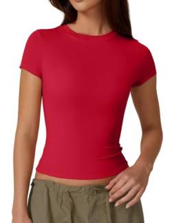 QINSEN Damen Rundhals Kurzarm Doppellagige Tops Basic Slim Fit Ausgehen T-Shirt, Rot/Ausflug, einfarbig (Getaway Solids), Mittel von QINSEN