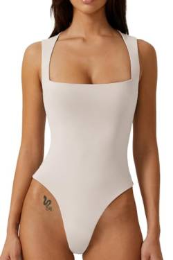 QINSEN Damen Sexy Body mit quadratischem Ausschnitt, ärmellos, doppelt gefüttert, Beige, S von QINSEN