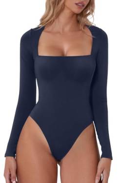 QINSEN Damen Sexy Square Neck Bodysuit Langarm Doppelt Gefüttert Shirt Tops, Blau (Estate Blue), M von QINSEN