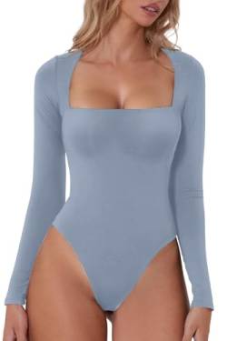 QINSEN Damen Sexy Square Neck Bodysuit Langarm Doppelt Gefüttert Shirt Tops, Grafschaft Blau, S von QINSEN