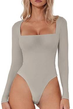 QINSEN Damen Sexy Square Neck Bodysuit Langarm Doppelt Gefüttert Shirt Tops, Leise Grau, S von QINSEN