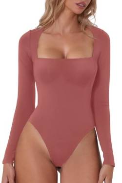 QINSEN Damen Sexy Square Neck Bodysuit Langarm Doppelt Gefüttert Shirt Tops, Merlot, S von QINSEN