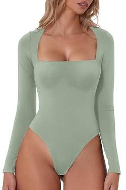 QINSEN Damen Sexy Square Neck Bodysuit Langarm Doppelt Gefüttert Shirt Tops, Rauchgrün, M von QINSEN