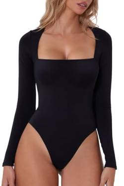 QINSEN Damen Sexy Square Neck Bodysuit Langarm Doppelt Gefüttert Shirt Tops, Schwarz, L von QINSEN