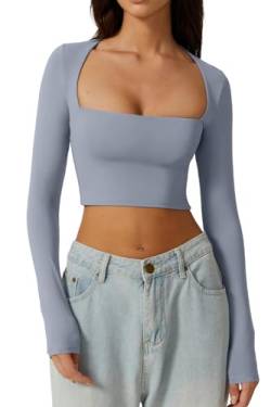 QINSEN Damen Sexy Square Neck Crop Top Langarm Slim Fit Cropped T-Shirts, Country, Blau, Mittel von QINSEN