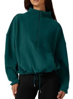 QINSEN Damen-Sweatshirt mit halbem Reißverschluss, Stehkragen, langärmelig, Winter, gemütlich, Sherpa-Pullover, Grün (Forest Green), M von QINSEN