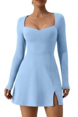 QINSEN Damen Sweettheart Ausschnitt Langarm Kleid Seitenschlitz Stretch Flare Minikleid, Blau, Mittel von QINSEN