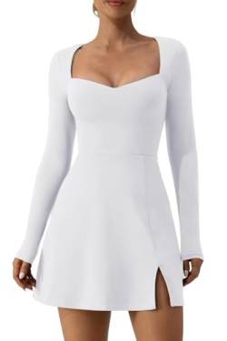 QINSEN Damen Sweettheart Ausschnitt Langarm Kleid Seitenschlitz Stretch Flare Minikleid, Weiß (kann durchsehen), Klein von QINSEN
