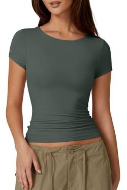 QINSEN Damen-T-Shirt, Rundhalsausschnitt, kurzärmelig, doppelt gefüttert, schmale Passform, Basic Y2K Tops, Grün (Army Green), X-Klein von QINSEN