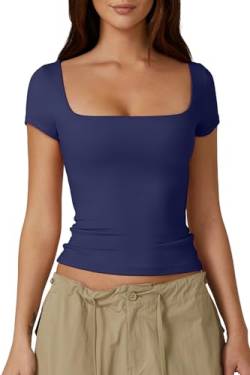 QINSEN Damen-T-Shirt, quadratischer Ausschnitt, kurzärmelig, doppellagig, schmale Passform, zum Ausgehen, Marineblau, X-Groß von QINSEN