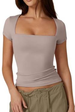 QINSEN Damen-T-Shirt, quadratischer Ausschnitt, kurzärmelig, doppelt gefüttert, Basic-T-Shirt, schmale Passform, Kristallgrau, X-Groß von QINSEN