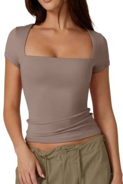 QINSEN Damen-T-Shirt, quadratischer Ausschnitt, kurzärmelig, doppelt gefüttert, Basic-T-Shirt, schmale Passform, Rose Taupe, Klein von QINSEN