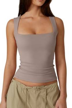 QINSEN Damen-Tank-Top, quadratischer Ausschnitt, ärmellos, doppellagig, enganliegend, Taupe Grau, Groß von QINSEN