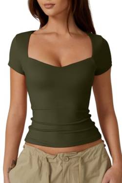 QINSEN Kurzärmeliges Damen-T-Shirt mit Herzausschnitt, schmale Passform, trendiges bauchfreies Top, Grün (Army Green), Mittel von QINSEN