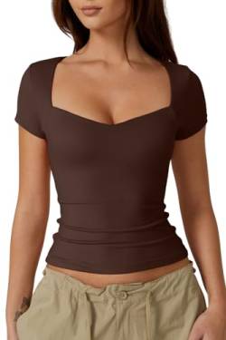 QINSEN Kurzärmeliges Damen-T-Shirt mit Herzausschnitt, schmale Passform, trendiges bauchfreies Top, Kastanie, X-Groß von QINSEN