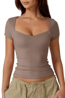 QINSEN Kurzärmeliges Damen-T-Shirt mit Herzausschnitt, schmale Passform, trendiges bauchfreies Top, Pilz, Mittel von QINSEN