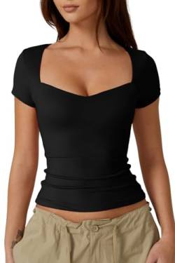 QINSEN Kurzärmeliges Damen-T-Shirt mit Herzausschnitt, schmale Passform, trendiges bauchfreies Top, Schwarz, Groß von QINSEN