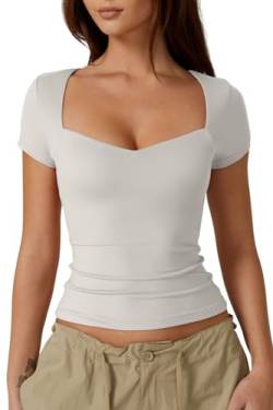 QINSEN Kurzärmeliges Damen-T-Shirt mit Herzausschnitt, schmale Passform, trendiges bauchfreies Top, Weiss/opulenter Garten, Mittel von QINSEN