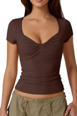 QINSEN Sexy Damen-T-Shirt, gedrehte Vorderseite, V-Ausschnitt, doppelt gefüttert, kurze Ärmel, schmale Passform, bauchfreies Top, trendiges Y2K-Top, Kastanie, Mittel von QINSEN