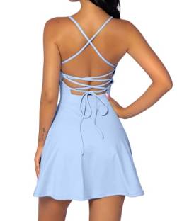 QINSEN Zweiteiliges Damen-Tenniskleid mit Shorts, für Workout, offener Rücken, aktive Golfkleider, Blau, Klein von QINSEN