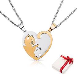 2 Stück Damen Kette Anhänger für Paar Pärchen,Herz Freundschaftsketten Best Friends Haslkette Gravur Katze, Schmuck Partnerketten für BFF beste Freunde Liebhaber Couple Geschenke (Gold Silber ) von QIUJUNDE