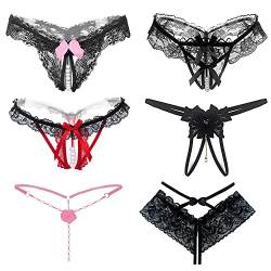 6er Packs String Ouvert Damen mit Perlen Blume Loch Set Frauen Frau,Schwarz Niedrige Taille Spitze Sexy Tanga Strings Unterwäsche Mit Offenem Schritt Tangas G-String Reizwäsche Thongs V-String Höschen von QIUJUNDE