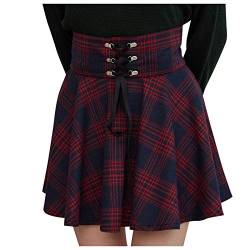 Damen Plaid Glencheck A-Linie Hohe Taille Flare Plissee Mini Schwarz Rock Kleid Mini-Faltenrock, Kariert, Gothic-Stil, Zum Schnüre, Gothic High Waist Flare Short Mini Skater Rock (Rot, M) von QIUhhpuy