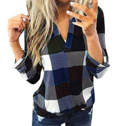 Damen V-Ausschnitt Kariert Bluse Casual Baumwolle Langarm Kariertes Hemd Damen Slim Jacket Shirt Top Frauen Plaid Shirt Slim Button-down für Alltag und Oktoberfest (Marine, M) von QIUhhpuy