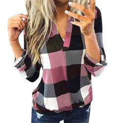 Damen V-Ausschnitt Kariert Bluse Casual Baumwolle Langarm Kariertes Hemd Damen Slim Jacket Shirt Top Frauen Plaid Shirt Slim Button-down für Alltag und Oktoberfest (Rosa, L) von QIUhhpuy