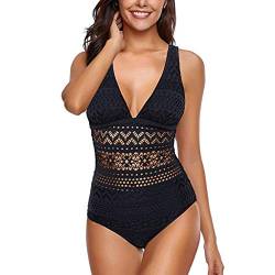 Gehäkelter Einteiliger Badeanzug mit Polsterung Damen Badeanzug Tiefen V-Ausschnitt Vintage Spitzeneinsatz Bademode One Piece Swimsuit Damen Spitze Strand Badeanzug Bedecken von QIUhhpuy