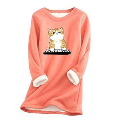 Pullover Damen Winter Fleece Bluse Katze 3D Druck Bedruckte Warme Wollpullover Sweatshirt Winterpullover Fleecepullover Thermo Langarm Fleece Pullover Gefütterte Oberteile Tunika Langarmshirt Tops von QIUhhpuy