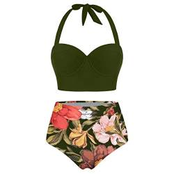 QIUhhpuy Damen Bikini Set Sonnenblumendruck Halfter High Waist Bademode Bikini Split Badeanzug Damen Bikini Set Neckholder Lace Up Bikini Bademode High Waist Zweiteiliger Badeanzug Swimsuit (Grün, M) von QIUhhpuy