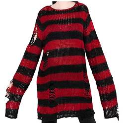 QIUhhpuy Damen Gothic Punk Grunge Pullover Langarm Rundhals Oversize Lose Colorblock Gestreiftes Zerrissene Lange Strickpullover Pulloverkleid Longpullover Oberteile Tops Strickhemd (E, L) von QIUhhpuy