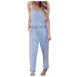 QIUhhpuy Damen Jeans Overall Jumpsuit Latzhosen Skinny Fit Denim Overall Ärmellos Hosenanzug Einteiler Jeansoverall Lose Freizeit Playsuit Strampler Denim Hosen Sommer Einfarbig Denim von QIUhhpuy