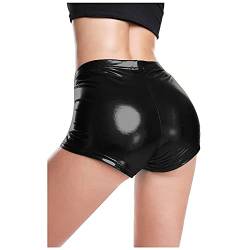 QIUhhpuy Damen Sexy Leder Shorts Glanz Taille PU Lederoptik Kurze Hose Lederimitat Kunstlederhose Metallic Hotpants Glänzende Shorts mit Hoher Taille Tanz Disco Kostüm Fasching Karneval (Schwarz, XL) von QIUhhpuy