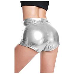 QIUhhpuy Damen Sexy Leder Shorts Glanz Taille PU Lederoptik Kurze Hose Lederimitat Kunstlederhose Metallic Hotpants Glänzende Shorts mit Hoher Taille Tanz Disco Kostüm Fasching Karneval (Silber, M) von QIUhhpuy