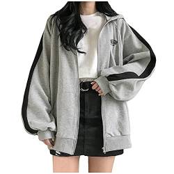 QIUhhpuy Damen Sportjacke Kapuzenjacke Old Collge Hoodie Frühlingsjacke Hip Hop Boyfriends Stil Oberteile Sweatjacke Basic Pullover Jacke Kapuzenpullover Freizeitjacke Übergangsjacke (Grau, L) von QIUhhpuy