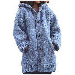 QIUhhpuy Strickjacke Damen Cardigan Grobstrick mit Kapuze gefüttert Outwear Langarm für Gestrickt Winterjacke warm Herbst Und Winter Strickpullover Mittellanger Mantel, Top, Casual (Blau, S) von QIUhhpuy