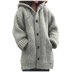 QIUhhpuy Strickjacke Damen Cardigan Grobstrick mit Kapuze gefüttert Outwear Langarm für Gestrickt Winterjacke warm Herbst Und Winter Strickpullover Mittellanger Mantel, Top, Casual (Grau, XL) von QIUhhpuy