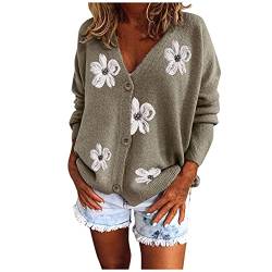 QIUhhpuy Strickjacke Damen Sexy V-Ausschnitt, Blumen Stickerei Strick, Kurz Cardigan Warme Strickpullover mit Knöpfe Oberteil Casual Lose Strickcardigan Elegeant Herbst Winter Jacke von QIUhhpuy