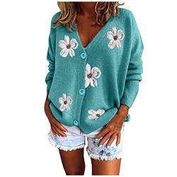 QIUhhpuy Strickjacke Damen Sexy V-Ausschnitt, Blumen Stickerei Strick, Kurz Cardigan Warme Strickpullover mit Knöpfe Oberteil Casual Lose Strickcardigan Elegeant Herbst Winter Jacke von QIUhhpuy