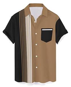 QIVICIMA Button Down Hawaii-Hemden für Herren Kurzarm Bowlingshirts Sommer Regular Fit Top, Khaki Schwarz, L von QIVICIMA
