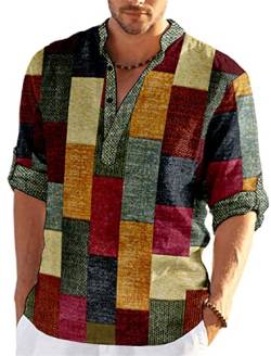 QIVICIMA Herren Casual Baumwolle Leinen Henley Shirt Langarm Plaid Karo Hawaii Floral Strand T Shirts, 1 x Gelb, Mittel von QIVICIMA